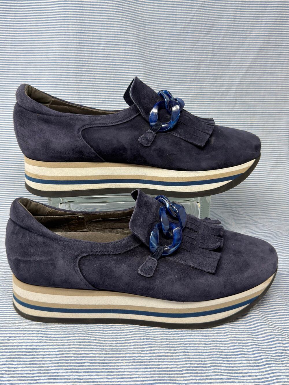 42 Softwaves Adaya Navy Ink Blue Suede Shoes Stacked Platform Loafer - Sneaker